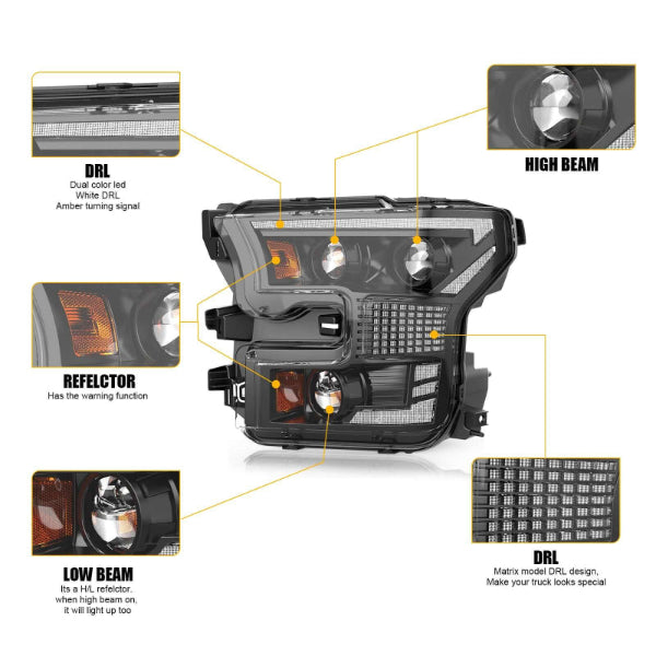 Upgrade your 2015–2017 Ford F-150 with 140W full LED headlights featuring DRL, turn signal, high/low beam, and DOT compliance.