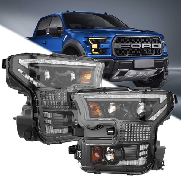 Upgrade your 2015–2017 Ford F-150 with 140W full LED headlights featuring DRL, turn signal, high/low beam, and DOT compliance.